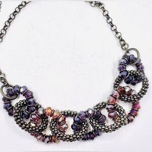 NY Gunmetal Iridescent Pink & Purple Interlocking Circles Beaded Necklace 22-25”